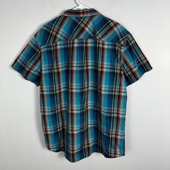 PrAna Ostend Mens Short Sleeve Button Down Shirt Blue Brown Plaid Mens Size XXL - Picture 15 of 16
